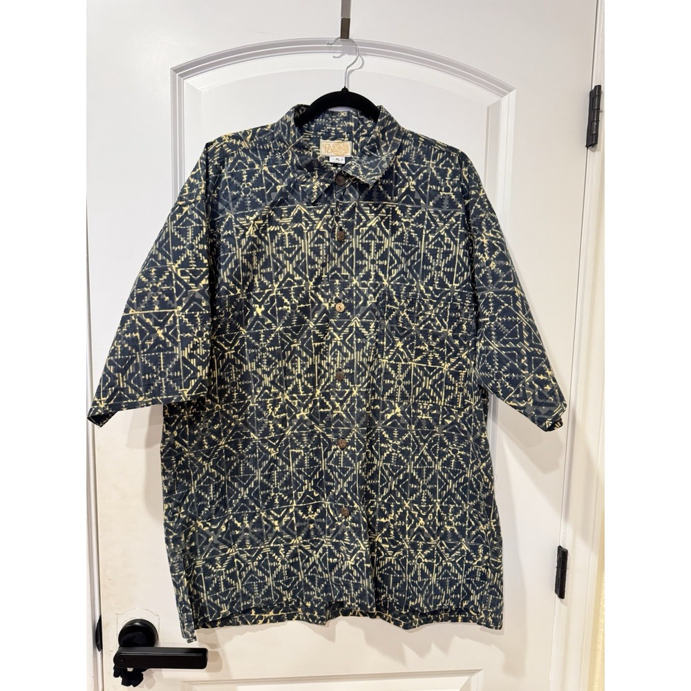 Noa Noa XL Men's Button-Up Shirt 100% Cotton Blue Yellow Abstract Casual Top